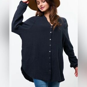 Gauze ButtonDown FrayHem MandarinCollar Tunic Top
